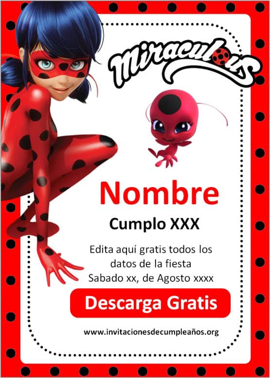 Plantilla de De Invitación de Cumpleaños de Miraculous Ladybug